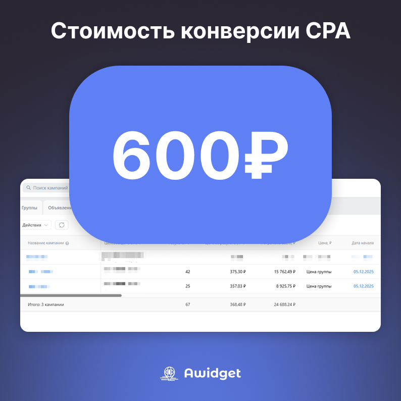 600₽ стоимость конверсии CPA